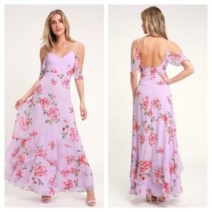 Lulus Take You There Purple Floral Print Chiffon Maxi Dress Small Coquette